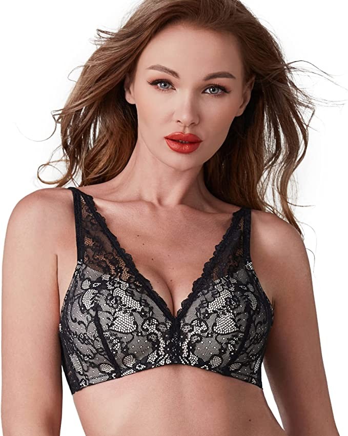 UCA Lingerie Sustainable Lace Padded Bra, Longline Wireless Triangle Bra with Racerback for Comfort