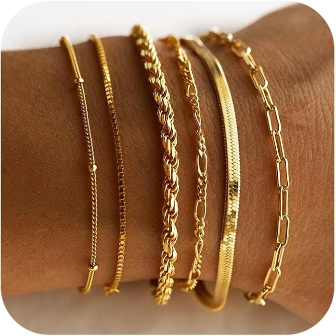 DEARMAY Gold Bracelets for Women Waterproof, 14K Real Gold Jewelry Sets Trendy Thin Dainty Stackable Cuban Link Paperclip Chain Bracelet Pack Fashion Accessories Gifts for Womens