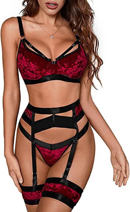 Garter Lingerie for Women,Sexy Lace Lingerie,Sheer Matching 4 Piece Lingerie Set