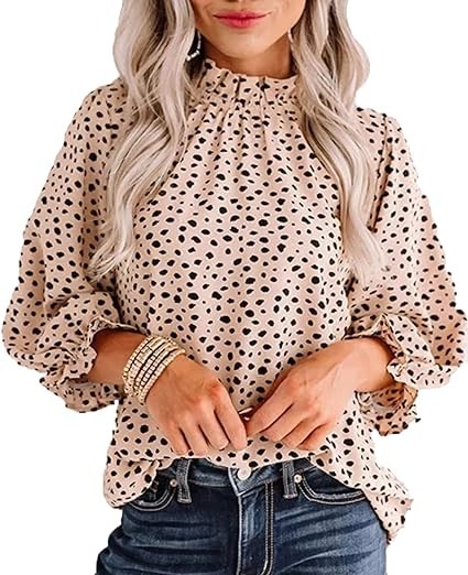 Avanova Women's Leopard Printed Ruffle Hem Long Sleeve Mock Neck Blouses Top