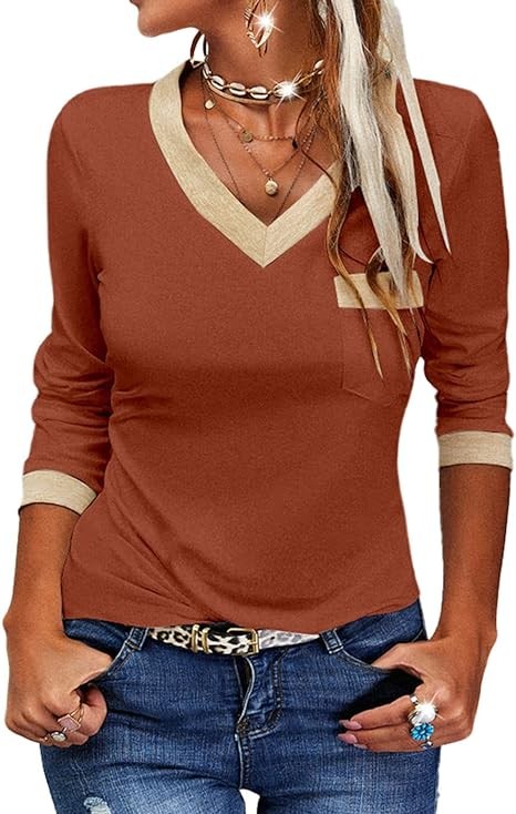 Dyexces Womens Long Sleeve T Shirts Casual V Neck Color Block Tunic Tops Loose Basic Top