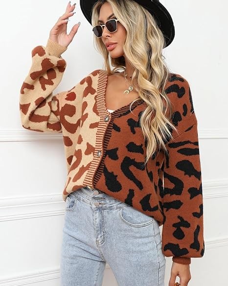 UEEKOOK Leopard Color Block Patchwork Women's Knit Cardigan Sweater Button Down Short Coat Outwear