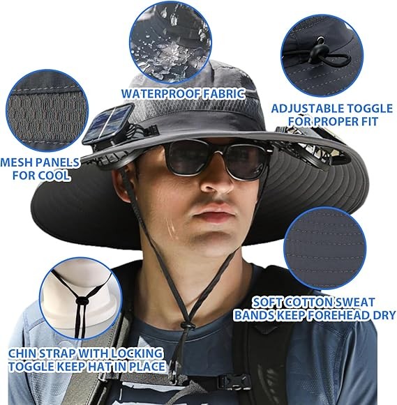 Solar Fan Hat, Wide Brim Sun Hat with 2 Solar Fan, Hat with Solar Fans Built in, Fishing Hat with Fan for Men, Waterproof Outdoor Hiking Camping Fishing Hat Grey