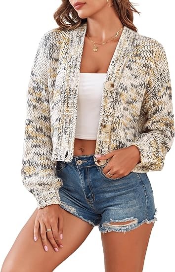 ZAFUL Womens Cardigan Sweater Outwear Fall 2023 - Knitted V Neck Long Sleeve Crochet Cute Chunky Knit Cropped Jacket