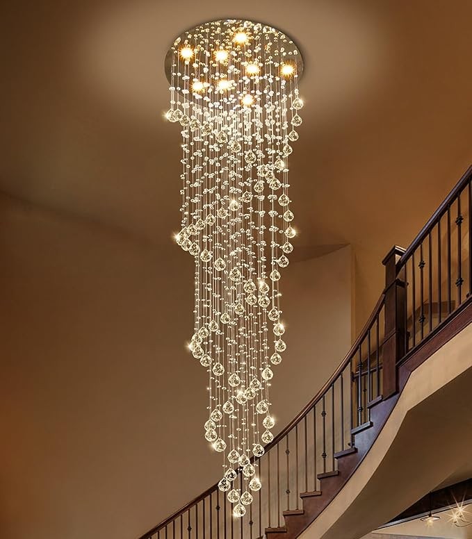 Modern Large Crystal Chandelier for Foyer Raindrop Chandeliers LED Dimmable High Ceiling Flush Mount Light Fixtures for Staircaes Hallway Entryway Rain Lamp LED Bulbs Included 79'' Gold