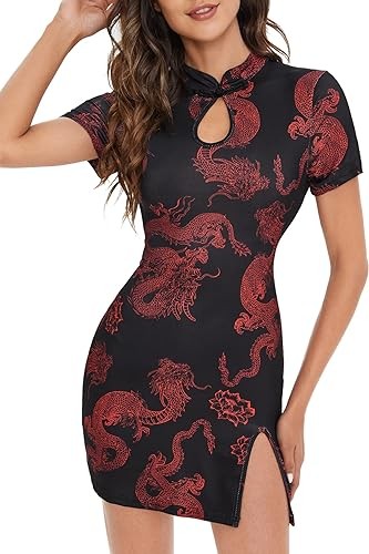 SOLY HUX Women's Chinese Cheongsam Dragon Print Qipao Mini Bodycon Dress