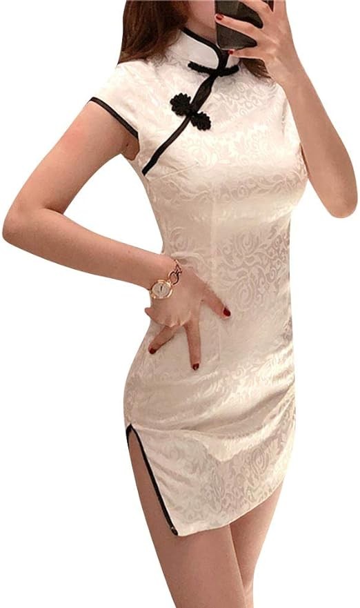 Women's Sleeveless Cheongsam Mini Dress Chinese Traditional Print Halter Neck Side Slit QipaoDress