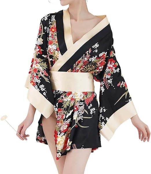 Wraith of East Short Kimono Costume Robe Sexy Floral Deep V-neck Nightwear Bathrobe Japanese Sleepwear Outfit