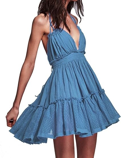 R.Vivimos Womens Summer Halter Deep V Neck Sexy Patchwork Mini Short Dresses