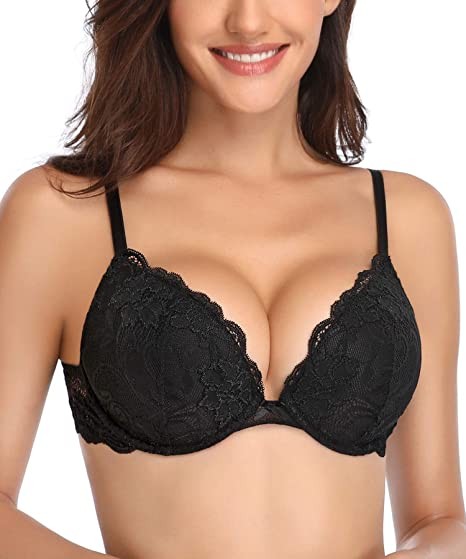 Deyllo Women’s Push Up Lace Bra Comfort Padded Underwire Bra Lift Up Add One Cup